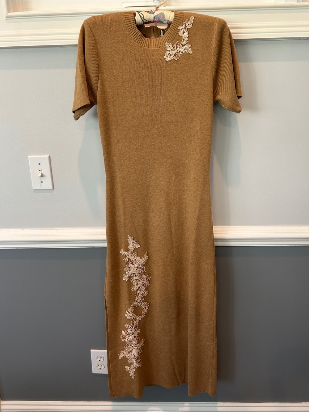 Embroidered Maxi Knit Dress — Camel